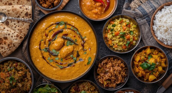 Indian gastronomy showcasing aromatic spicy korma alongside diverse sabzi dishes