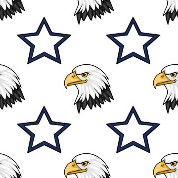 Seamless vector pattern of bald eagle heads and stars, patriotic illustration
