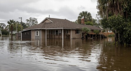 Flooded house scene after hurricane with extensive water surrounding and damage