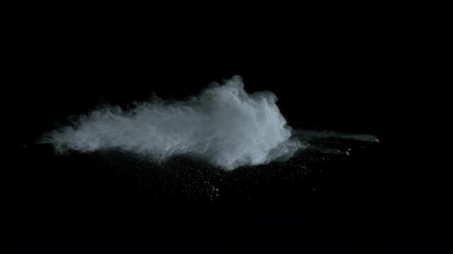 Super Slow Motion Shot of Blowing White Powder Cloud Isolated on Black Background at 1000fps.