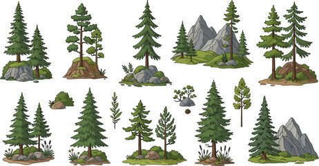 Obraz premium Pine Trees and Rocky Mountain Landscape Set with Lush Greenery and Forest Elements for Outdoor Adventure and Nature Designs