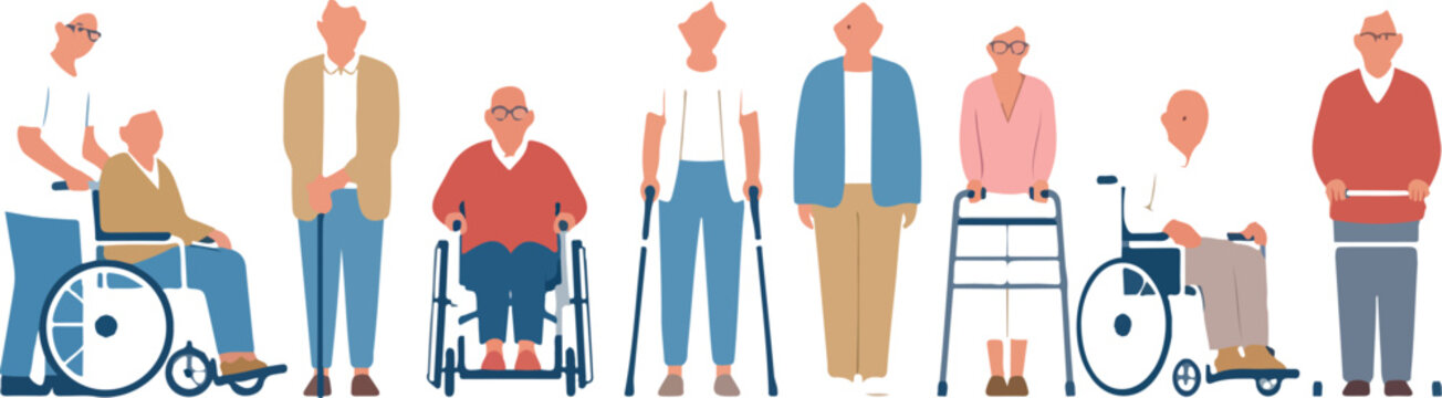 Diverse group of senior citizens with disabilities using wheelchairs and walking aids with a caregiver representing geriatric care and nursing vector illustration.