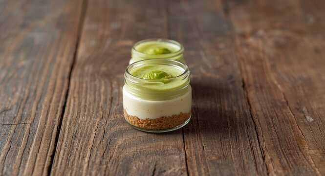 Single serving key lime cheesecakes in jars on textured wooden surface with copy space