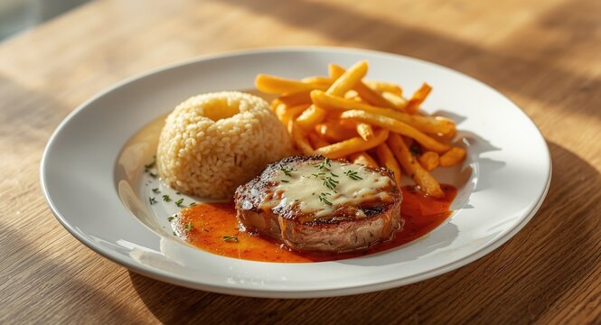 Mouthwatering filet parmegiana steak combined with buttered rice and crispy fries