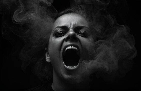 Close up of terrified and agonized expression surrounded by smoke