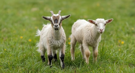 Fototapeta premium Energetic pet goat kid beside lamb on bright green grass lawn full length summer scene