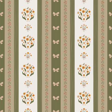 Cottagecore floral seamless vector pattern with bouquet of flowers, bows, vertical olive green and beige stripes. Rustic Hand drawn Vintage repeat background. Vector preppy wallpaper, textile design