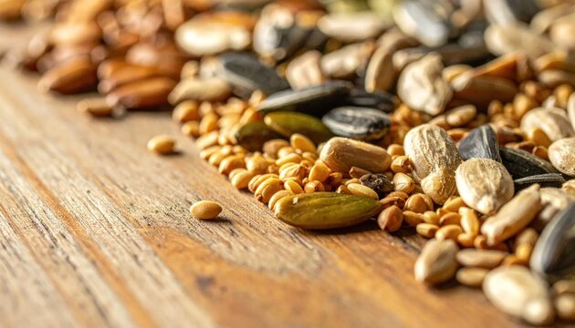 Assorted Seeds and Grains on Wooden Surface.