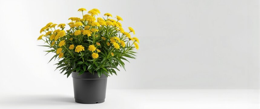 Potted Bidens Goldilocks with bright yellow blooms displayed on a crisp white backdrop