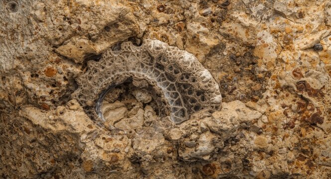 Large single celled nummulite fossil embedded in ancient fossil rich limestone with copy space