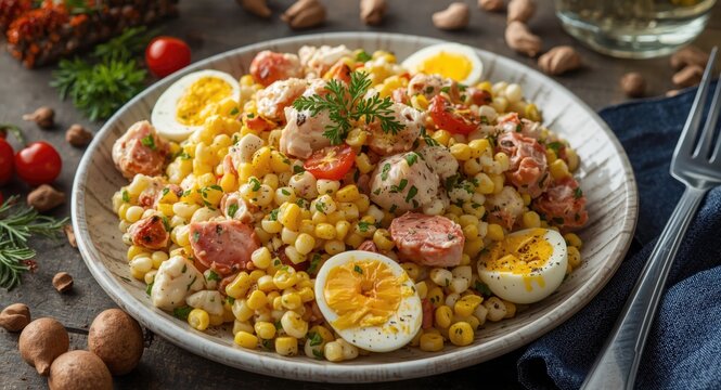 Holiday themed crab meat salad with sweet corn and eggs served elegantly