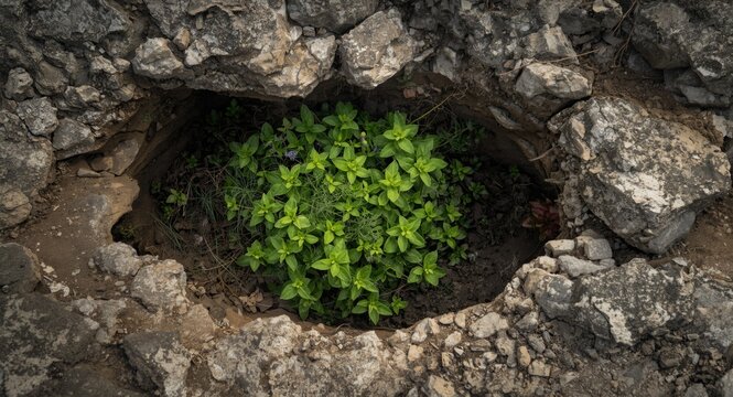 Healthy vegetation colonizing rocky natural sinkhole pits