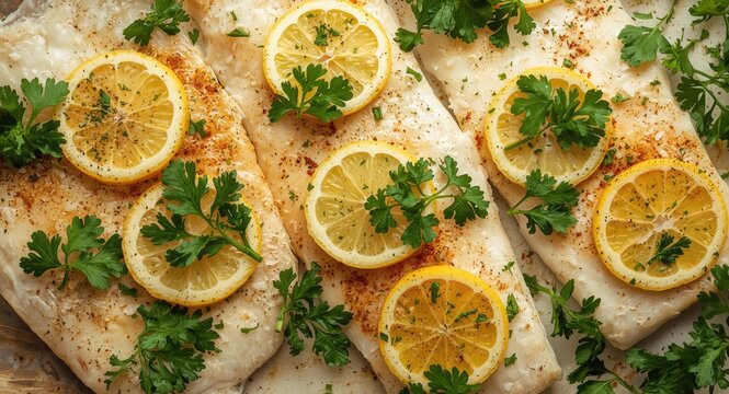 Haddock fillets topped with lemon slices and fresh parsley leaves