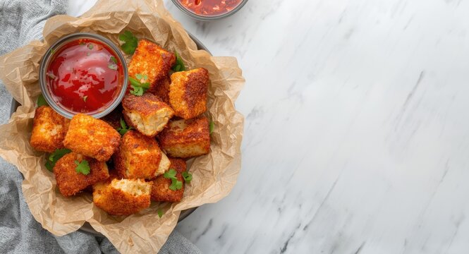 Fried tahu sumedang snack served hot with savory sauce on smooth table surface for copy space