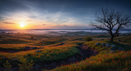 Obraz premium Scenic sunrise over rolling hills with vibrant wildflowers and tree 