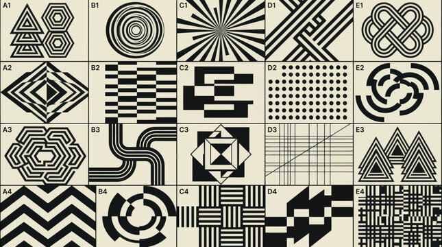Abstract geometric patterns in black and white optical illusions.