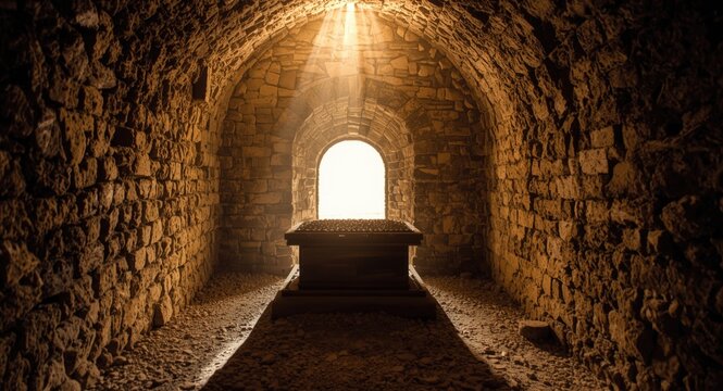 Historic sepulcher with bright light streaming inside from the entrance