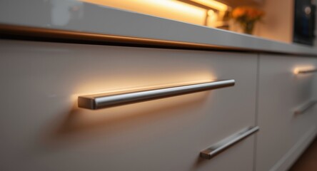 Sleek modern kitchen drawer handle shining under warm LED lights on elegant countertop