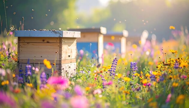 Beehives in a colorful flower field.