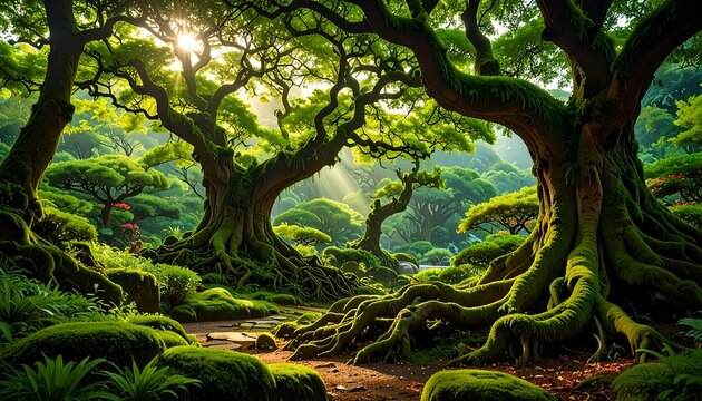 Lush, moss-covered trees with intertwined roots bathed in sunlight create an enchanting forest scene