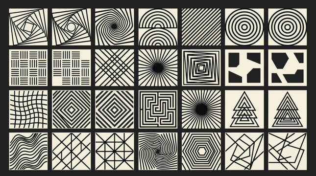 Abstract geometric patterns with optical illusions and diverse shapes.