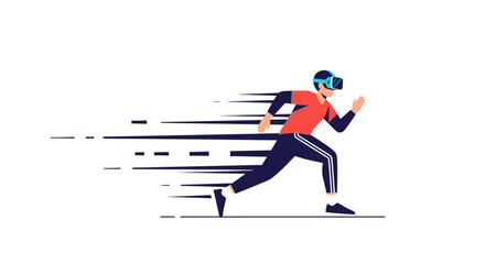 Fototapeta premium Man running with VR headset, virtual reality gaming, futuristic technology, speed, motion blur, digital entertainment, active lifestyle