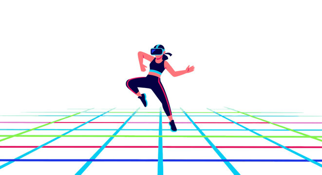 Woman dancing in virtual reality, wearing VR headset and activewear, futuristic digital grid floor
