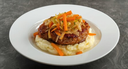 Fototapeta premium Fried pork steak served with mashed potatoes and a fresh vegetable topping of crisp cabbage, sweet carrots, and onions
