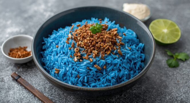 Signature Malay blue rice nasi kerabu with traditional seasoning