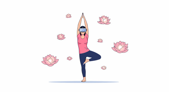 Immersive VR yoga experience: Woman in tree pose wearing a virtual reality headset, surrounded by serene pink lotus flowers for digital mindfulness.