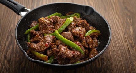Fototapeta premium Sizzling stir-fried beef strips with green peppers cooking on wooden background