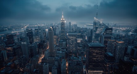 Obraz premium High altitude city view showcasing neural networks and AI business intelligence