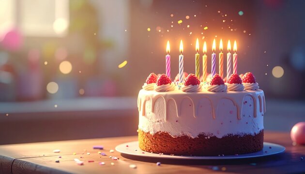 Birthday Cake with Lit Candles and Strawberries.