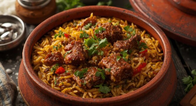 Hearty Dum Handi Mutton Biryani with Indian spices in clay pot