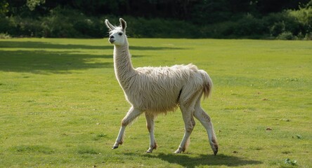 Fototapeta premium Happy llama trotting on an open green lawn bathed in summer sunlight full length view
