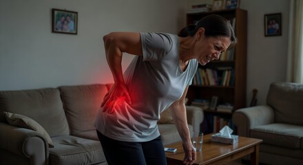 Fototapeta premium Man holding lower back in pain at home, back injury concept
