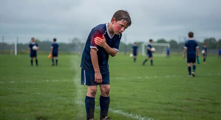 Obraz premium Soccer player holding knee in pain on field, sports injury concept