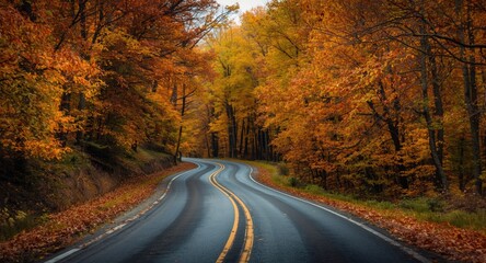 Naklejka premium Picturesque autumn road twisting through fiery orange and yellow tree canopy