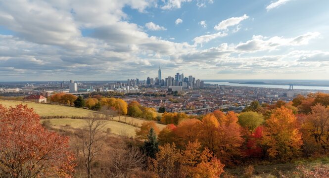 Dynamic parallax effect backdrop showcasing an autumn cityscape view