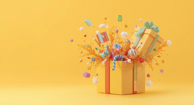 Render of a 3D gift box exploding with colorful items for a special offer and greeting concept