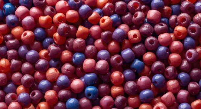 Close view of plastic resin beads used in injection molding featuring color master batch elements