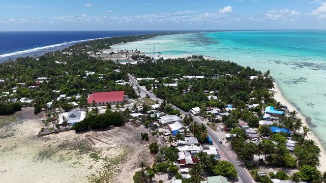 Kiribati South Tarawa Bairiki Atoll Capital Gilbert Islands Oceania Pacific Thin Strip Aerial Drone 4K