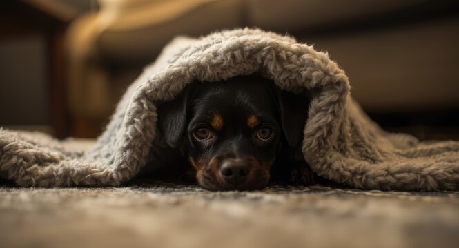 Nervous small dog with dark fur hiding cautiously beneath living room blanket