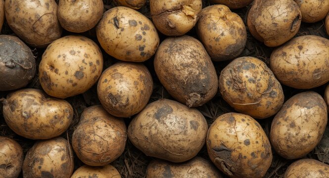 Diseased potato crop with characteristic lesions from late blight infection