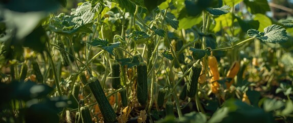 Healthy cucumber vines flourishing in a sunny seasonal garden