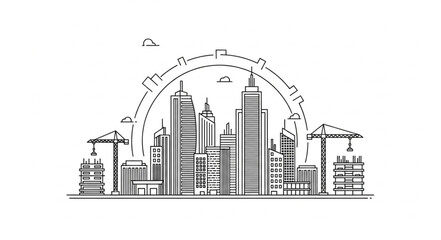 Fototapeta premium Urban skyline illustration featuring skyscrapers, construction cranes, and architectural elements.
