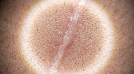 Naklejka premium Close up of human skin with visible scar and fine hair, showing natural texture and detail under soft lighting, evoking sense of healing and resilience