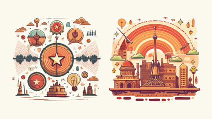 Fototapeta premium A captivating collection of abstract illustrations featuring urban landscapes and geometric designs with a retro aesthetic