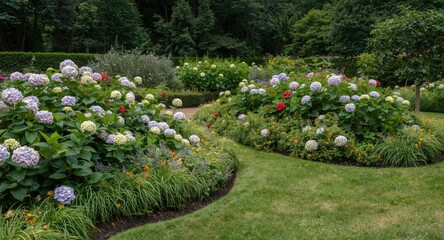 Obraz premium Lush summer garden pathway surrounded by bright Annabelle hydrangeas and trimmed green grass lawn edges