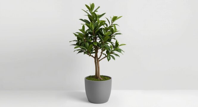 Indoor Pachira Aquatica Money Tree in a Trendy Gray Pot with Minimalist Background for Branding Opportunities